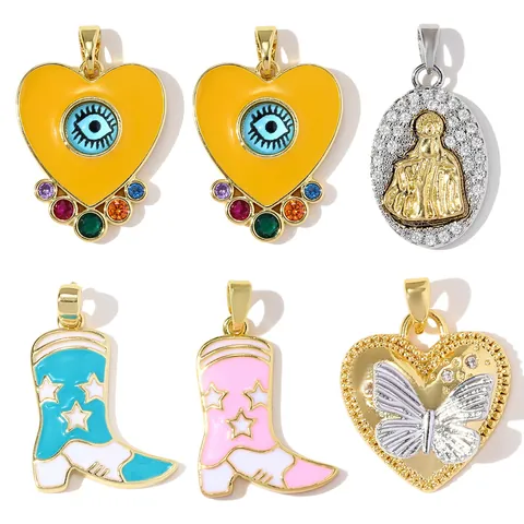Colgantes de Cobre y Circonia para Hacer Joyería Esmalte Mal de Ojo Mariposa Corazón Virgen María Botas de Vaquero Charms para Collares