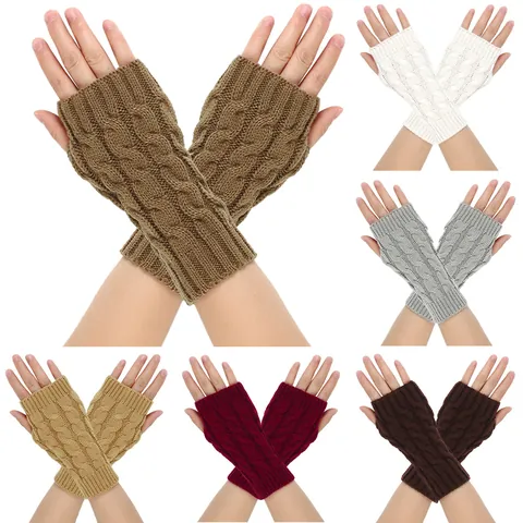 Women Winter Warm Fingerless Gloves Acrylic Cable Knit Arm Warmers Solid Color Mittens For Daily Outdoor Cold Weather Fashion