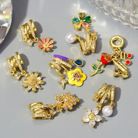 Vintage Copper Rhinestone Daisy Flower Pendant Artificial Pearl Musical Instrument Grape Charms For DIY Necklace Making Women Jewelry