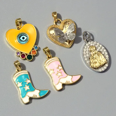 Colgantes de Cobre y Circonia para Hacer Joyería Esmalte Mal de Ojo Mariposa Corazón Virgen María Botas de Vaquero Charms para Collares