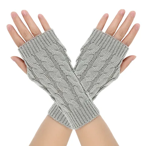 Women Winter Warm Fingerless Gloves Acrylic Cable Knit Arm Warmers Solid Color Mittens For Daily Outdoor Cold Weather Fashion