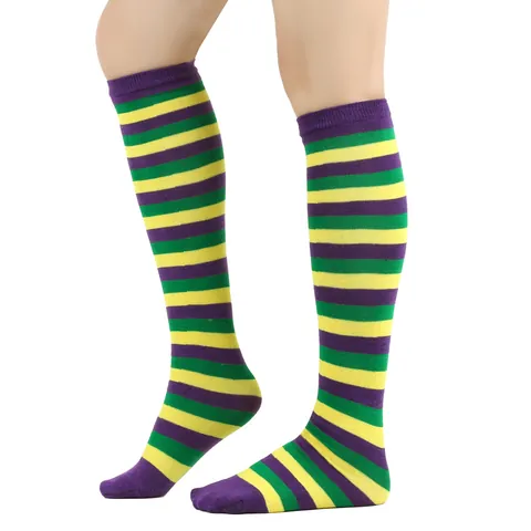 Mardi Gras Purple Green Yellow Striped Knee High Socks For Men Women Kids Carnival Party Costume Polyester Spandex Calf Socks