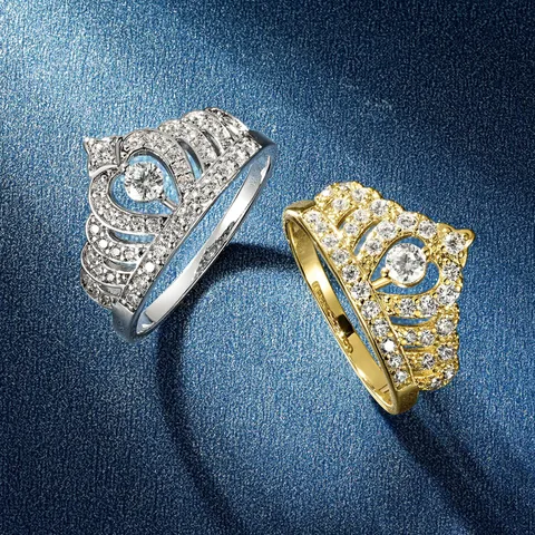 Luxus Kronenform Kupfer Strass Ring Für Damen 14K Gold Gefüllt Elegantes Tiara Design Fingerring Mode Schmuck Geschenk