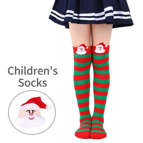 Festive Christmas Santa Claus Doll Over The Knee High Socks Striped Pattern Knitted Long Stockings For Children Girls Winter Autumn Wear