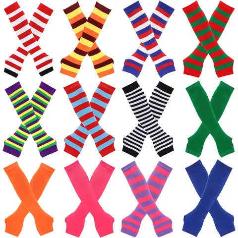 Striped Arm Sleeves Long Fingerless Gloves Knitted Gothic Punk Arm Warmers For Women Men Halloween Party Dress Accessories