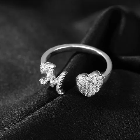 Kupfer Strass Herz Initialen Buchstabe Offener Ring Luxus Gold Silber Plattiert Verstellbarer Fingerring Modeschmuck Für Damen
