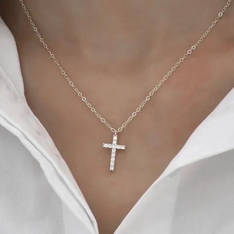 Women's Moissanite Cross Pendant Necklace Gold Silver Plated Copper Inlaid Fashion Commute Choker Necklace Jewelry Gift