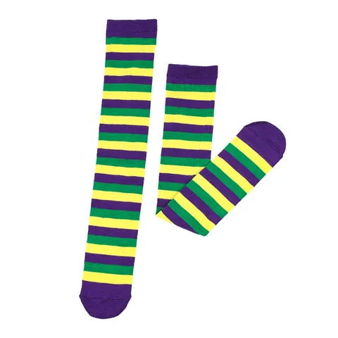 Mardi Gras Purple Green Yellow Striped Knee High Socks For Men Women Kids Carnival Party Costume Polyester Spandex Calf Socks