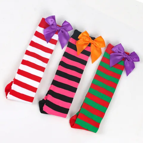 Girls Halloween Over Knee Socks Striped Bow High Tube Stockings For Kids Party Costume Boutique Festive Accessories