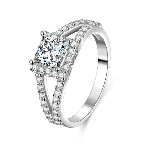 14K Vergoldeter Ring mit Geteiltem Schaft und Quadratischem Zirkonia für Damen Luxus 5A Zirkonia Verlobungsring Schmuck