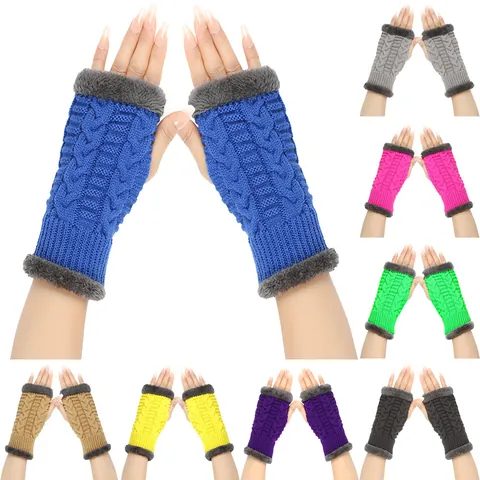 Women Cable Knit Fingerless Gloves Winter Warm Fleece Lined Arm Warmers With Faux Fur Trim Thick Knitted Half Finger Mitten