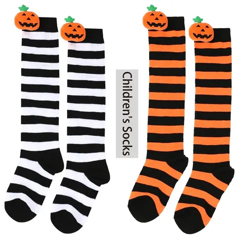 Halloween Kids Over Knee Socks 3D Pumpkin Doll Decoration Striped Pattern Polyester Long Socks For Festival Costume Party