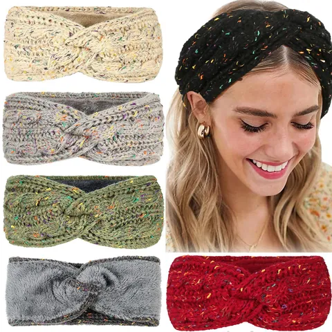 Diadema de Punto Gruesa de Invierno para Mujer Con Confeti de Arcoíris Calentador de Orejas Cruzado Forrado de Felpa Acrílica