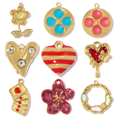 French Vintage Stainless Steel DIY Pendants Rhinestone Enamel Heart Flower Poker Card Charms For Jewelry Making Women Accessories