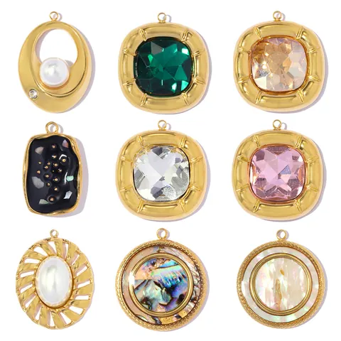 Vintage Gold Plated Stainless Steel Pendants Abalone Shell Rhinestone Inlaid Charms For Women DIY Jewelry Making Necklace Accessories
