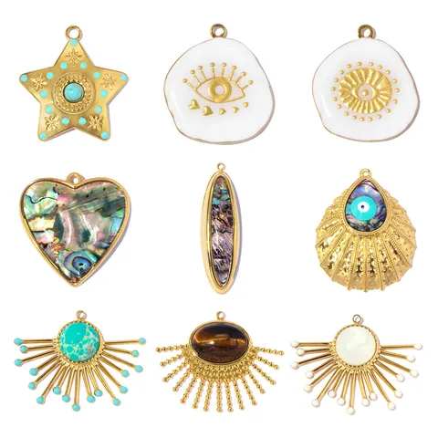 Colgante de Acero Inoxidable Vintage Concha de Abalone Piedra Natural Estrella Mal de Ojo Dijes de Abanico Para Hacer Joyas DIY