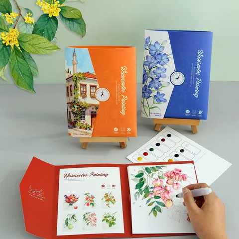 Creative Portable Watercolor Coloring Book Set With 12 Color Solid Pigments And Water Brush Stress Relief Art Painting Paper Kit