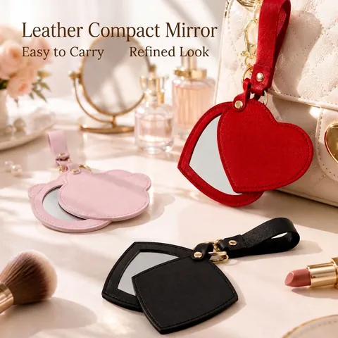 Portable PU Leather Makeup Mirror Keychain Fashion Heart Bear Folding Mini Pocket Mirror For Women Travel Accessory