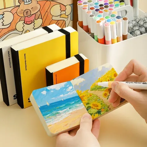 Portable Square PU Leather Pocket Sketchbook Thread Bound Marker Drawing Book Small Hand Painted Notebook Miniature Art Sketchpad For Children Artists