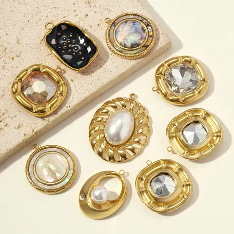 Vintage Gold Plated Stainless Steel Pendants Abalone Shell Rhinestone Inlaid Charms For Women DIY Jewelry Making Necklace Accessories