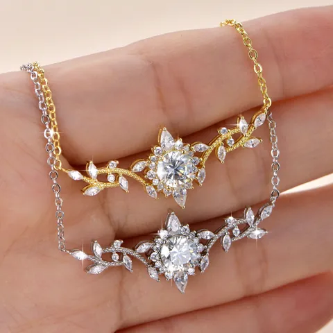Moissanit Blumen Zweig Anhänger Halskette 14K Gold Gefüllt Kupfer Süß Minimalistisch Schmuck Für Damen
