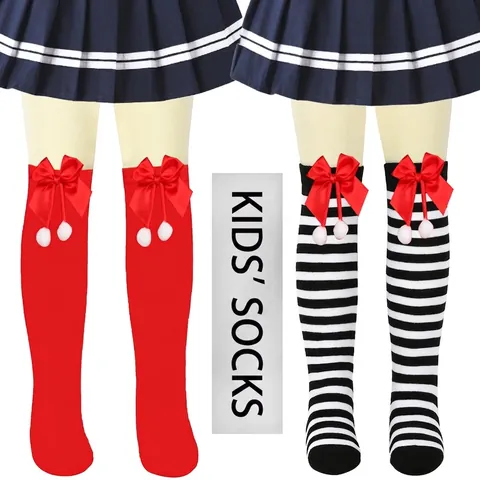 Girls Christmas Over-the-Knee Socks Cute Bow Pom-pom Striped Long Socks For Children Autumn Winter Festive Accessories