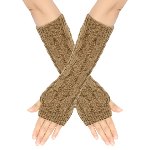 Women Cable Knit Fingerless Arm Warmers Winter Warm Long Acrylic Thumb Hole Faux Sleeves Fashion Knitted Mittens