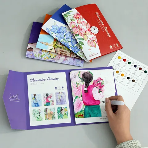 Creative Portable Watercolor Coloring Book Set With 12 Color Solid Pigments And Water Brush Stress Relief Art Painting Paper Kit