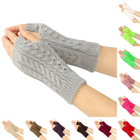 Women Winter Warm Fingerless Gloves Cable Knit Acrylic Mittens Hollow Out Crochet Arm Warmers For Autumn Outdoor Casual Daily Wear Fashion Accessoires