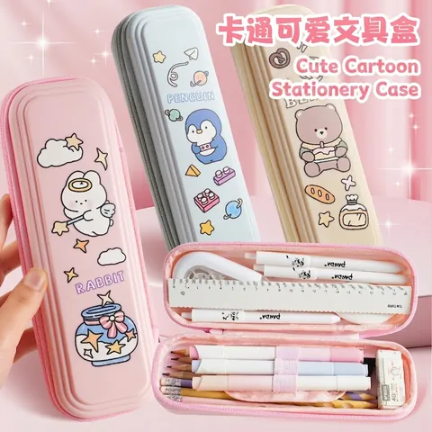 Large Capacity Cartoon Animal Pencil Case Flannel Stationery Bag Cute Rabbit Bear Print Organizer Box For School Students Boys Girls