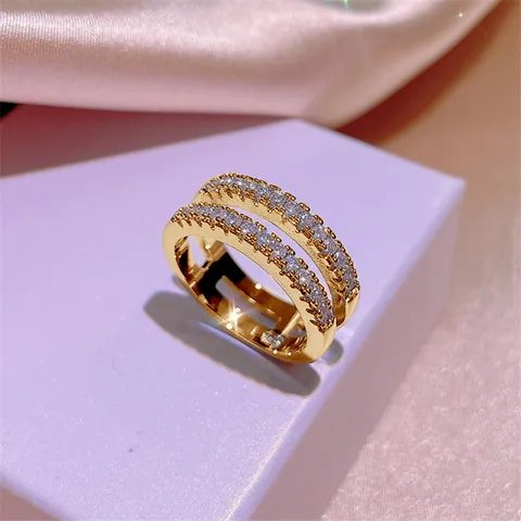Doppelreihiger Moissanit Geometrischer Ring Kupfer Galvanisiert Gold Silber Plattiert Individuelles Trendiges Nischendesign Damen Mode Ring Schmuck