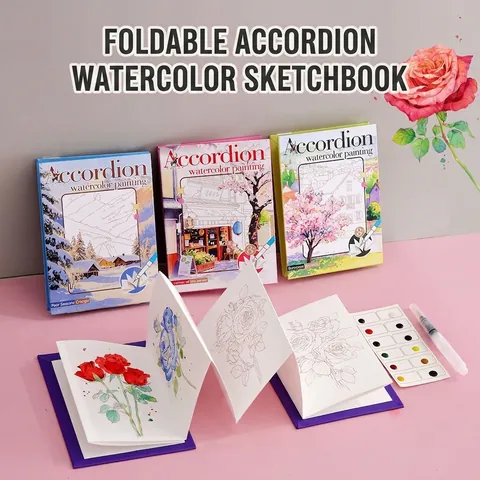 Set di Pittura ad Acquerello a Fisarmonica per Bambini Libro da Colorare Fai-da-te Con Pigmenti Solidi e Pennello ad Acqua Portatile Kit d'Arte