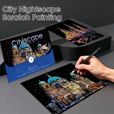 Cityscape Scratch Art Painting Paper DIY Night Scene Landmark Drawing Kit Handmade Craft Gift For Adults Teens Home Decor