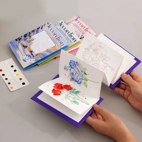 Set di Pittura ad Acquerello a Fisarmonica per Bambini Libro da Colorare Fai-da-te Con Pigmenti Solidi e Pennello ad Acqua Portatile Kit d'Arte