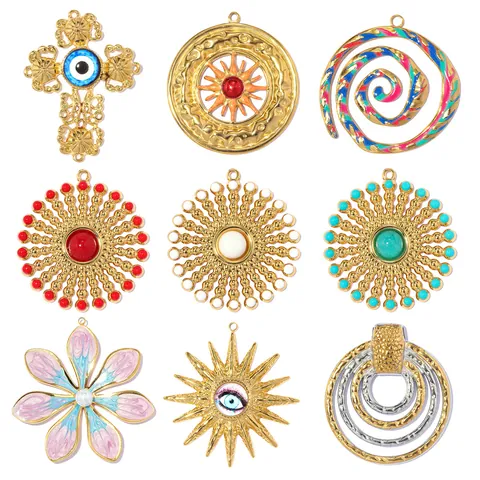 DIY Stainless Steel Pendants Large Sun Evil Eye Cross Flower Spiral Star Shape For Necklace Earring Gold Plated Enamel Jewelry Findings