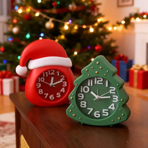 Cartoon Christmas Alarm Clock Plastic Battery Operated Desktop Ornament For Kids Holiday Gift Tree Hat Shaped Clock