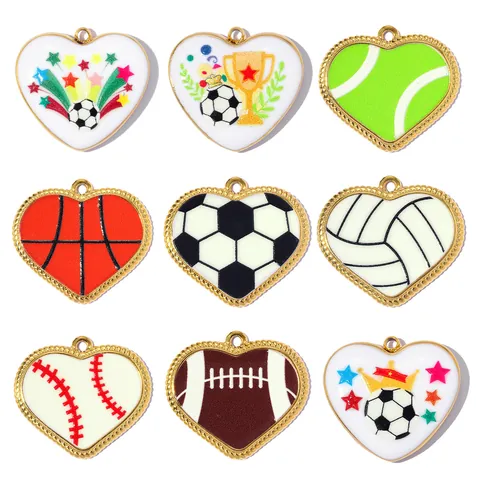 Heart Shaped Stainless Steel Sports Pendant Enamel Football Basketball Volleyball Baseball Rugby DIY Jewelry Making Charms
