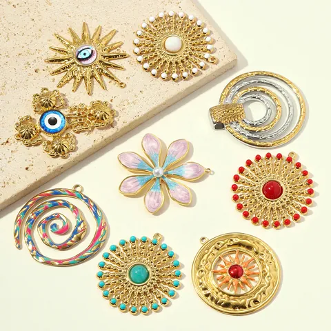 DIY Stainless Steel Pendants Large Sun Evil Eye Cross Flower Spiral Star Shape For Necklace Earring Gold Plated Enamel Jewelry Findings
