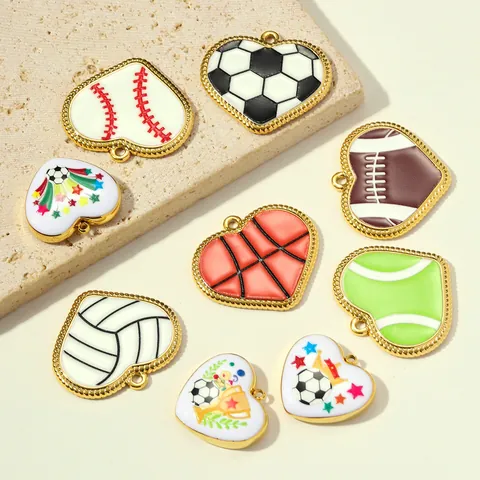 Heart Shaped Stainless Steel Sports Pendant Enamel Football Basketball Volleyball Baseball Rugby DIY Jewelry Making Charms