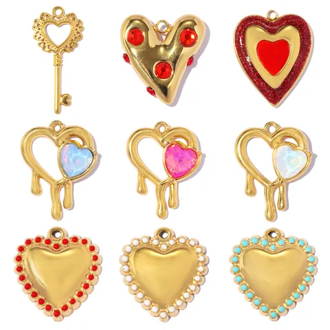 Stainless Steel Heart Key Pendants For Jewelry Making DIY Gold Plated Rhinestone Enamel Love Charms For Necklace Earrings Accessory