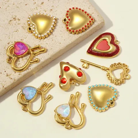 Stainless Steel Heart Key Pendants For Jewelry Making DIY Gold Plated Rhinestone Enamel Love Charms For Necklace Earrings Accessory