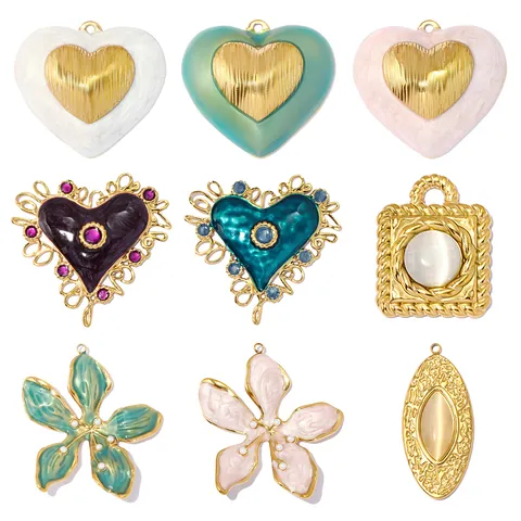 French Retro Stainless Steel Enamel Cat Eye Pendant Only For DIY Jewelry Making Floral Heart Pattern Artificial Pearl Decor Gold Tone Pendants Without Chain Women Jewelry Accessory