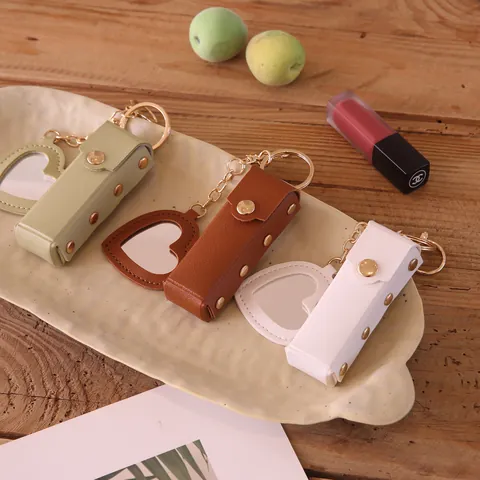 Portable Heart Shaped Lipstick Bag Keychain With Makeup Mirror PU Leather Mini Lip Balm Pouch Rivet Bag Charm Women Gift