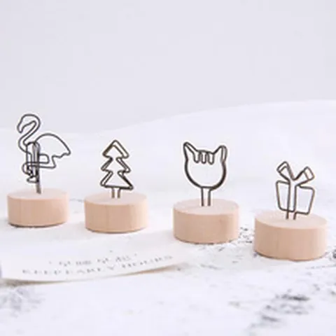 Wood Base Metal Memo Clip Holder Photo Stand Card Holder Retro Zakka Style Desk Decoration Flamingo Heart Shape Ornament