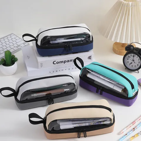 Simple Oxford Cloth Transparent Pencil Case Multi-layer Large Capacity Handheld Stationery Storage Bag For Students Office