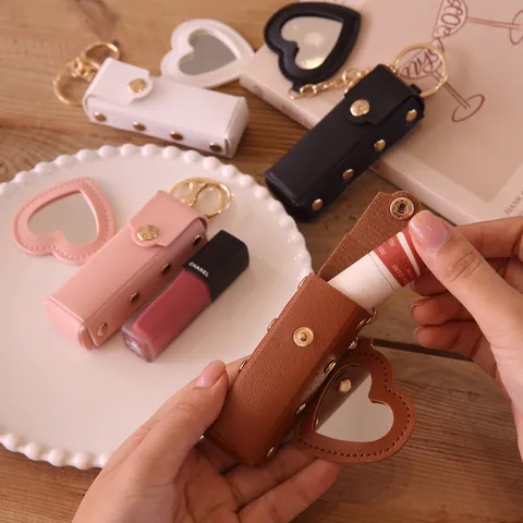Portable Heart Shaped Lipstick Bag Keychain With Makeup Mirror PU Leather Mini Lip Balm Pouch Rivet Bag Charm Women Gift