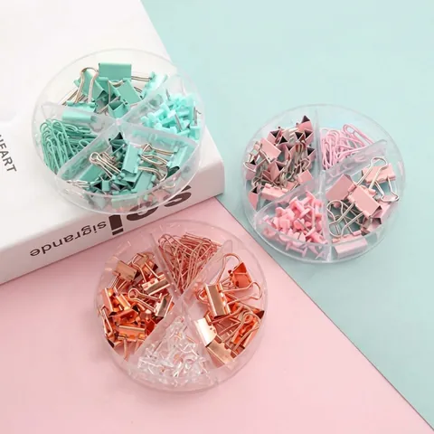 Korean Style Macaron Color Metal Binder Clips Paper Clips Push Pins Combo With Round Divided Storage Box For Office School