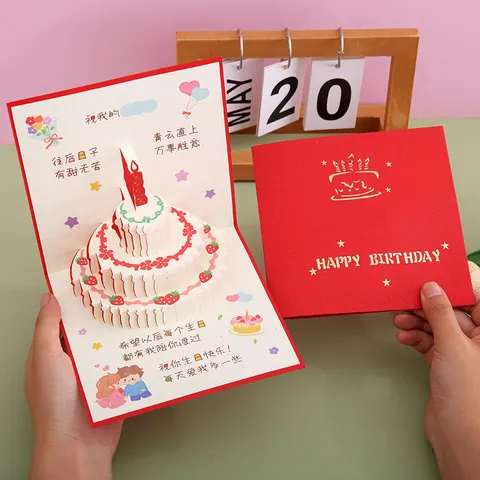 Handmade Three-Dimensional Pop Up Birthday Cake Greeting Card Laser Cut Strawberry Design Foldable Cardstock Card With Envelope