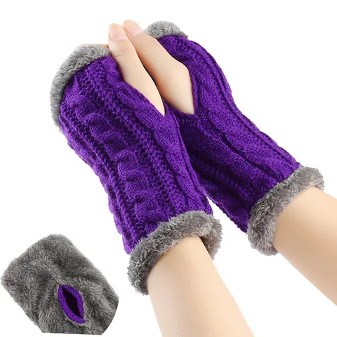 Mitaines en Tricot d'Acrylique Chaudes d'Hiver Femmes Torsades Manchettes Épaissies Avec Bordure en Fausse Fourrure