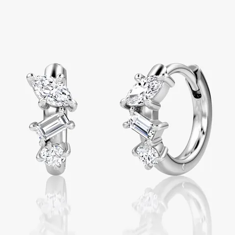 Boucles d'Oreilles Huggie en Moissanite Remplies d'Or 14K pour Femmes Créoles Géométriques à Trois Pierres Irrégulières